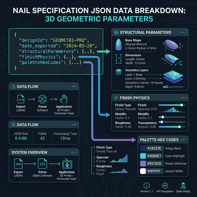 Infographic breaking down the exact 3D geometric specification parameters exported by NailARVR for salon technicians.