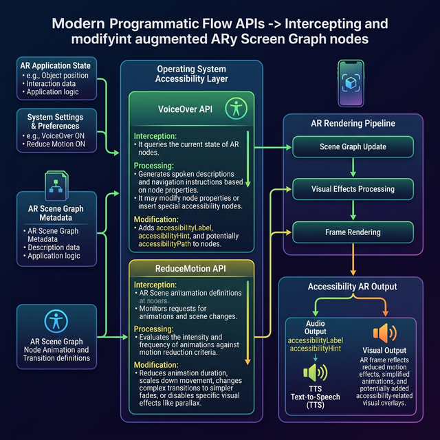 Programmatic flow diagram showing operating system accessibility APIs intercepting and modifying augmented reality scene graphs.