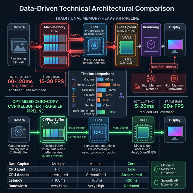Architectural diagram comparing sub-50ms latency of zero-copy CVPixelBuffer AR pipelines against traditional memory-heavy rendering methods.