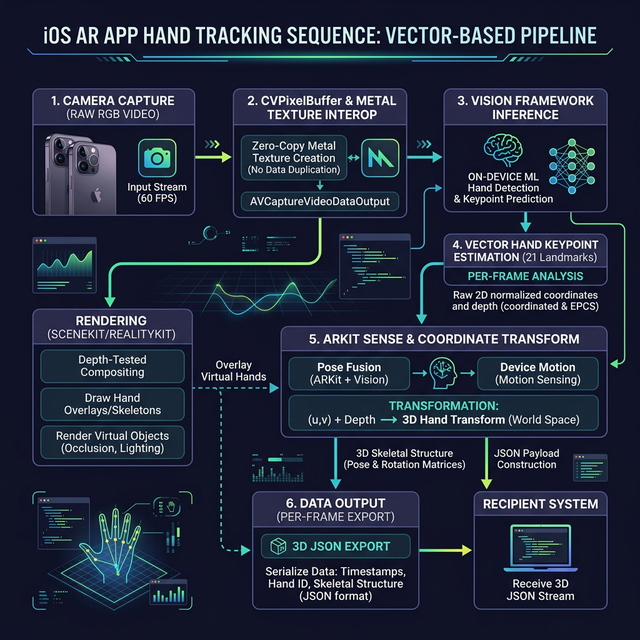 Flowchart showing vector-based hand tracking pipeline for virtual nail design try-on and 3D salon export.