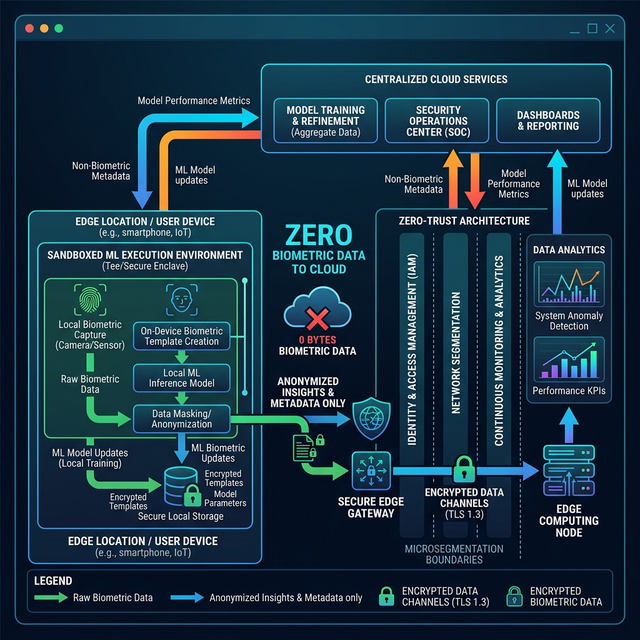 System architecture diagram contrasting cloud biometric data vulnerabilities against zero-trust edge-computed sandboxed machine learning frameworks.